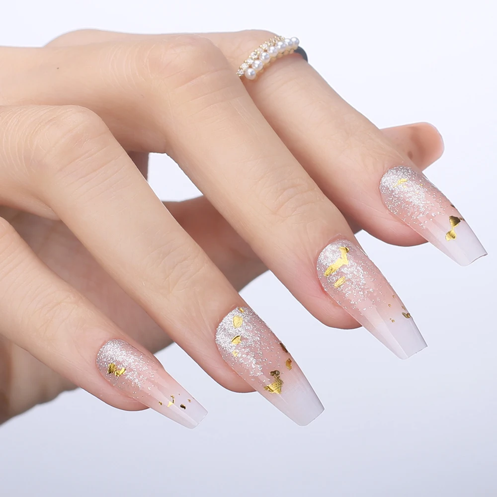 Nude Baby bommer Glitter Gel Fake nails Coffin Ombre Press on nails Medium Ballet Pink Glitter Gold Foil Design acrylic nails