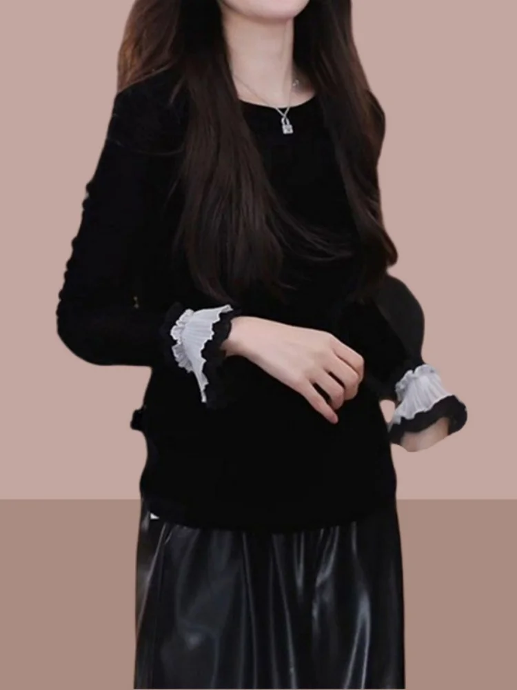 Coreano Sle Lace Bell Sve Patchwork Bla Velvet mujer irt Faionable otoño capa Base Top Commute Friendly