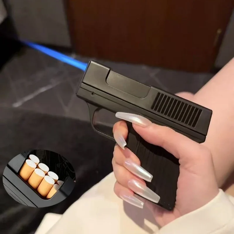 

Unusual Pistol Style Lighters Cigarette Case Jet Turb Torch Lighter Capacity 10PCS Cigarette Windproof Cigar Lighter Man's Gift