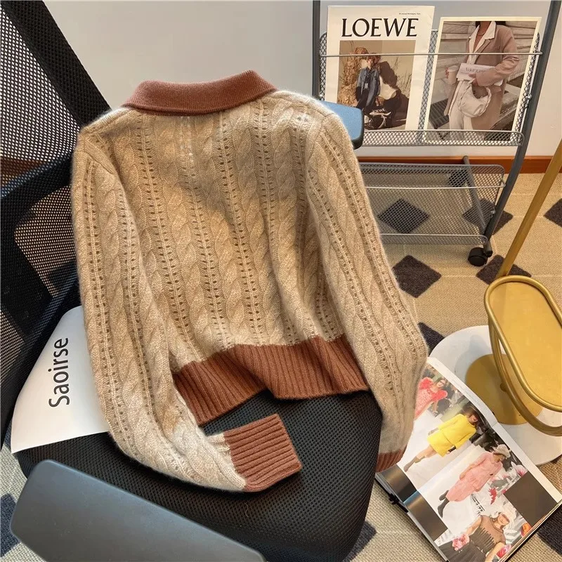 Women Polo Collar Knit Sweater Long Sleeve Hollow Out Textured Pullover Loose Fit Vintage Casual Daily Autumn Winter Knit Top