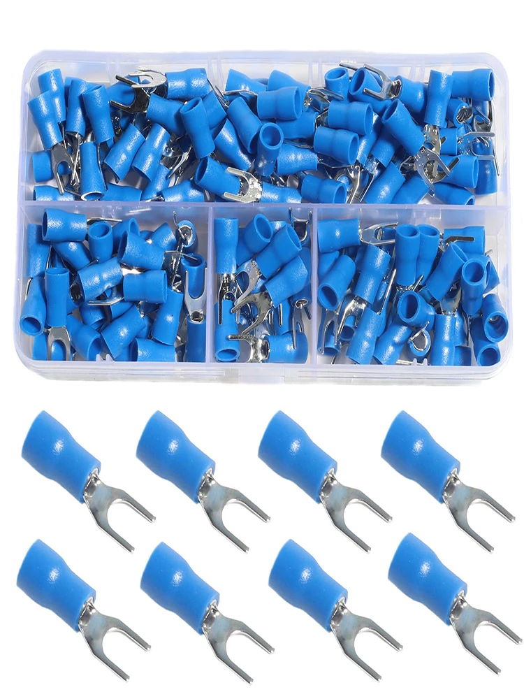 Shengbowi 150Pcs #8 (M4) 16-14AWG Fork Spade Connectors Wire Fork U-Type Insulated Electrical Crimp Terminal Butt Quick