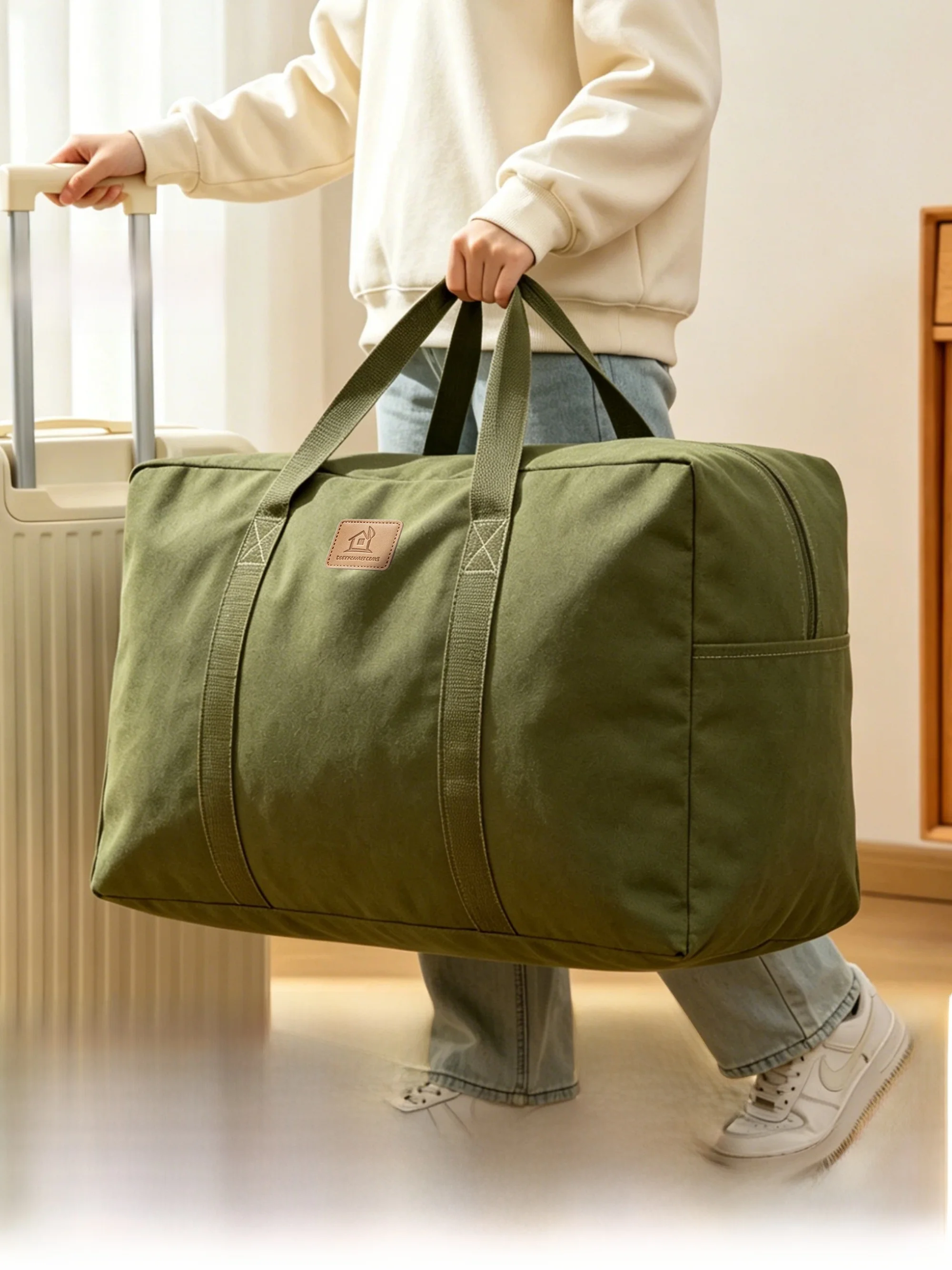 Thickened Canvas Luggage Bag Oxford Cloth Handheld Moving Packing Student Clothes Storage Travel Bag Dustproof Sealed Zipper