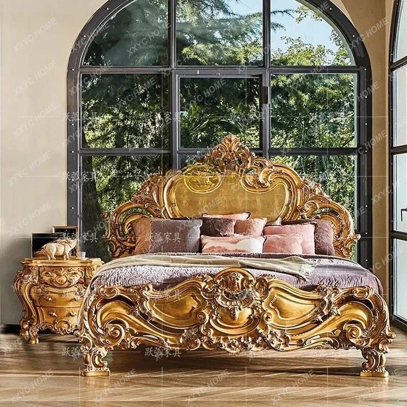 High-End Double Single Bed European Style Furniture French Style Luxury Fabric Craft Marriage   Wood Carving Princess Bed