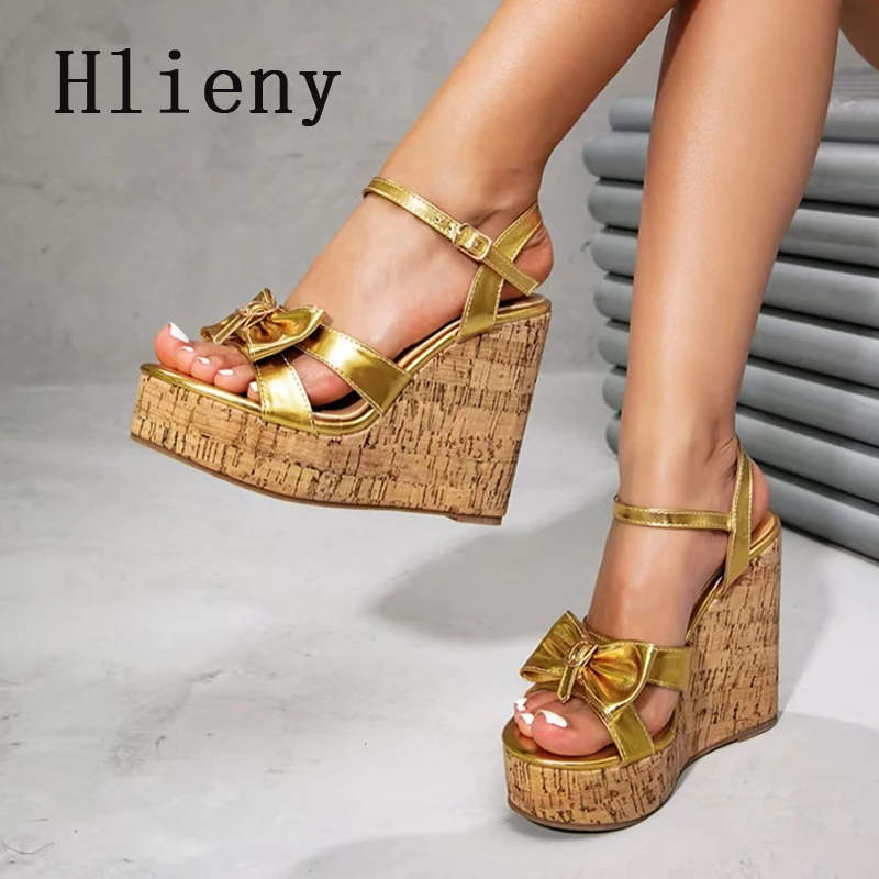 

Hlieny/летние модные сандалии на платформе с бантом, женские гладиаторы с открытым носком на танкетке, вечерние модельные туфли на высоком каблуке с пряжкой и ремешком