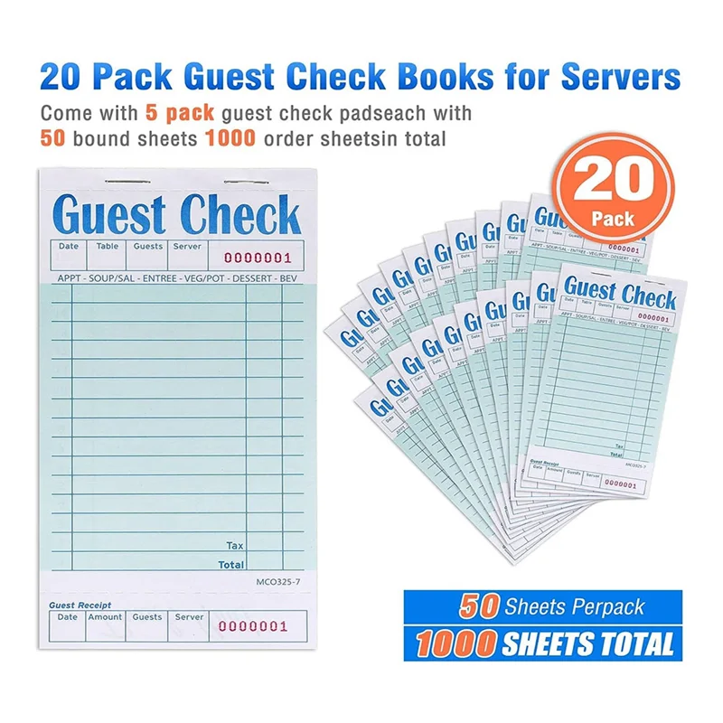 BAAG-Guest Checks Book 20Pack، وسادات ملاحظات الخادم، وسادات أسلاك ملحقات النادلة، وسادات طلب مستلزمات المطاعم 1000 عدد إجمالي Du