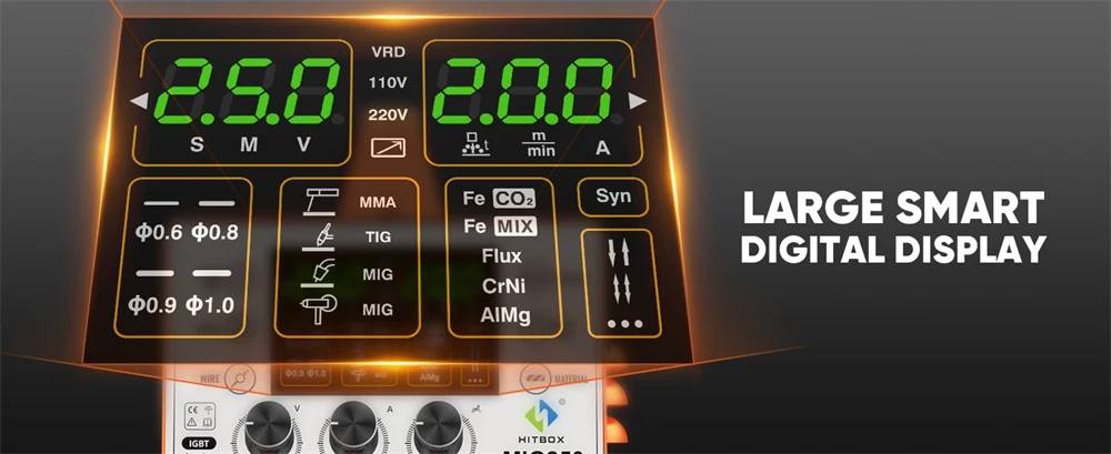 HITBOX MIG250 Aluminium-Puls-MIG-Schweißgerät 220V 250 Ampere 6-in-1 ARC MMA Stick Gas/Gaslos MIG Lift TIG Spool Gun IGBT Inverter-Schweißmaschine Großes intelligentes Digitaldisplay 2T/4T Spot Multi-Prozess-Synergisch-Schweißgerät – Detail 6