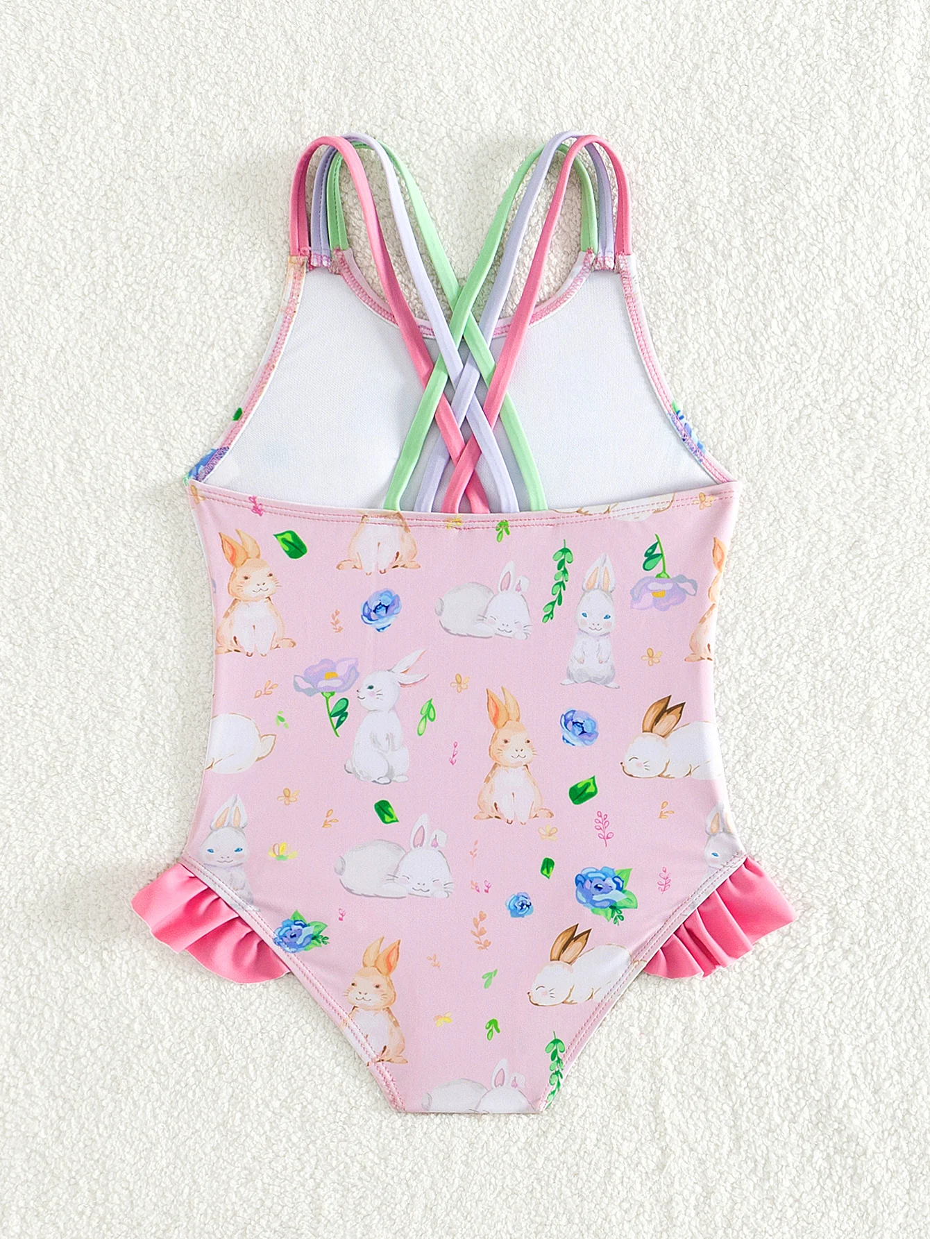 Summer Quick-Drying Ruffle Child Kids Vacation Beach Clothes Swimsuit Rabbit Print Stretchy Beach Girls Kids 1-piece Swimwear