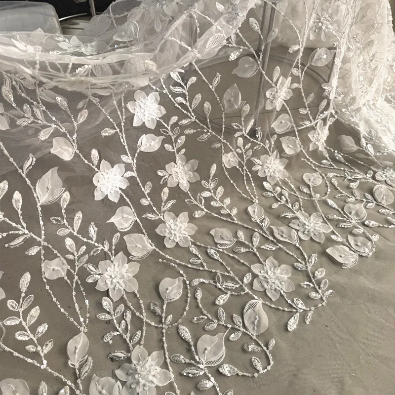 Deluxe Leaf Petal Embroidered Lace With Sequins And Beads Luxury Sheer Fabric For Wedding Decoration Evening Dress DIY Apparel