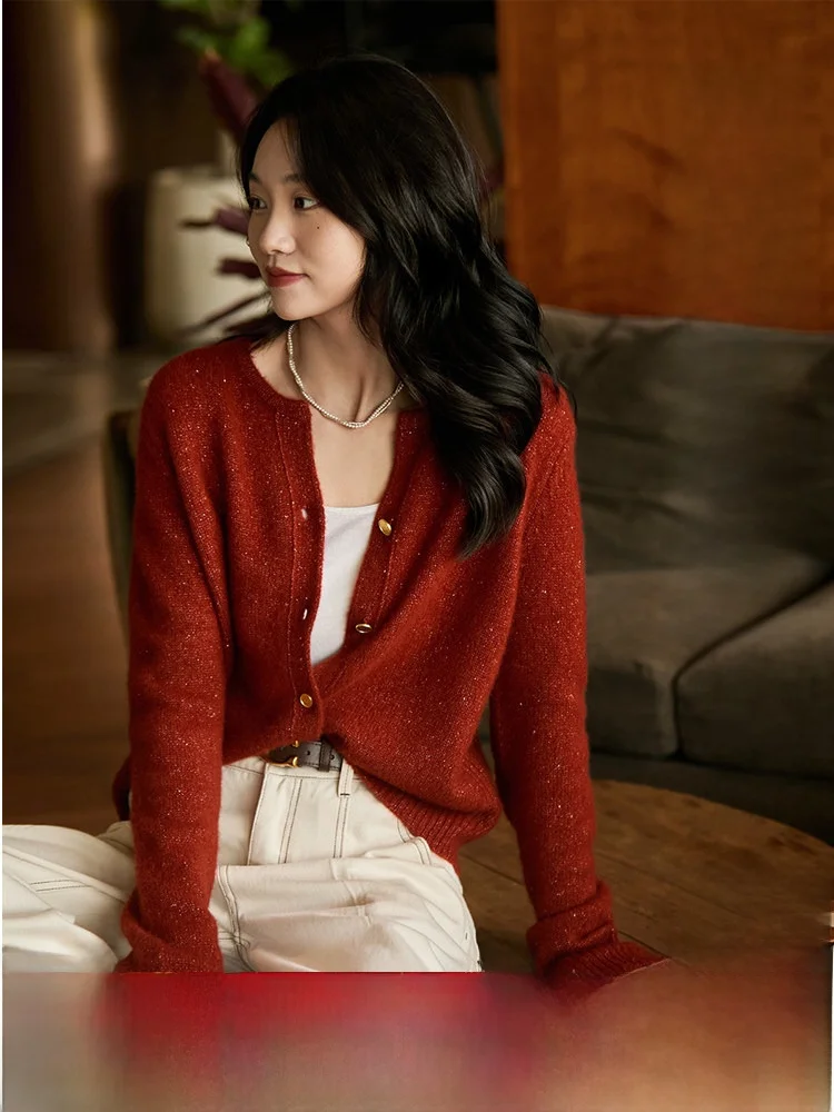 

Red Fortune Camere Silk Knitted Open Cardigan Women's Vintage Gold Button Top Autumn New Sle Soft Long Sve round Ne