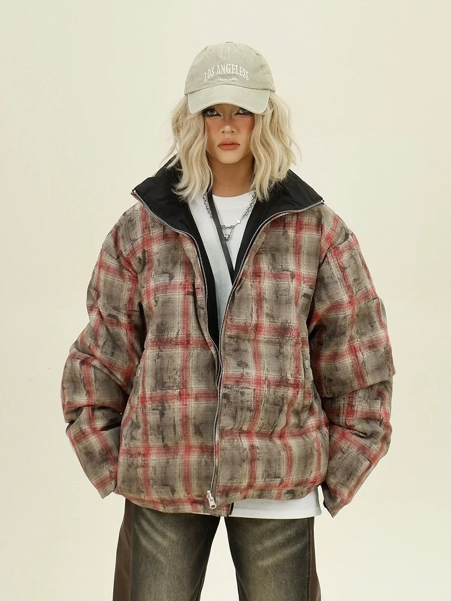 Two-sided Plaid Stand-up Collar Parkas  Women 2024 Winter New Loose Bf American College Style