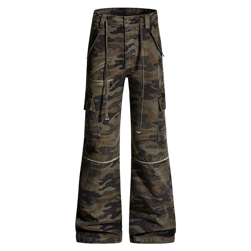 

GXFortune American Retro Camouflage Work Trousers with Dstring And Zipper for Men And Women Flared Slimming Floor-Length P...