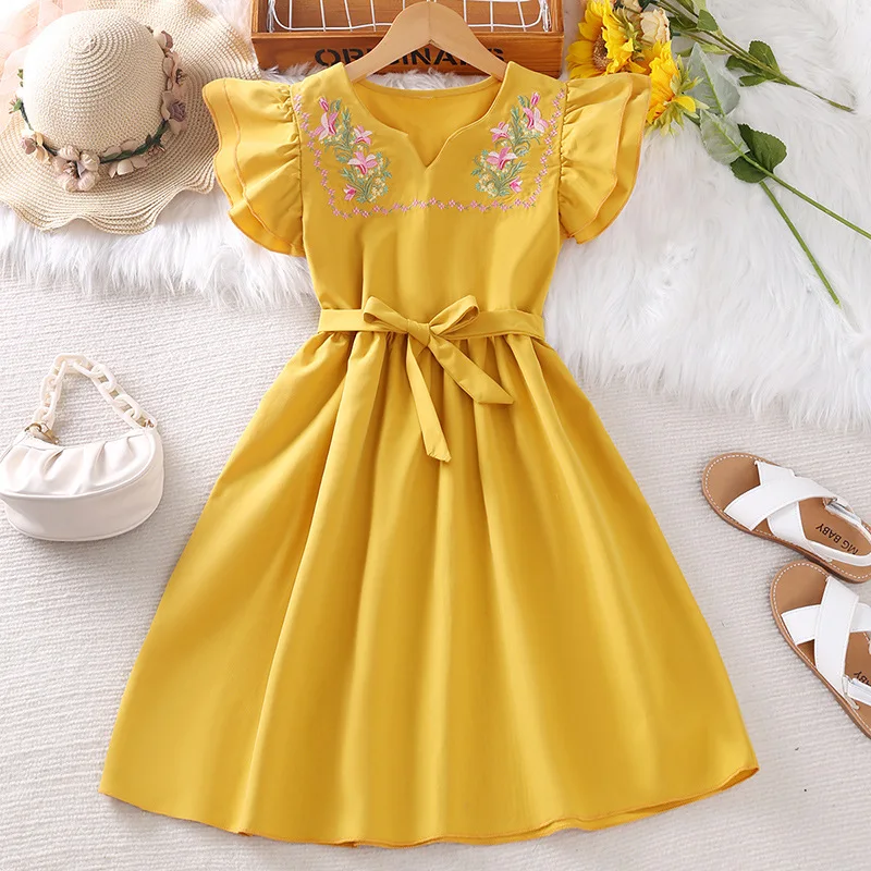 

2023 Summer New Arrival Girls Sleeveless O Neck Embroidery Floral Yellow Roupa Infantil Menina Cute Party Dress Custume 8-10T