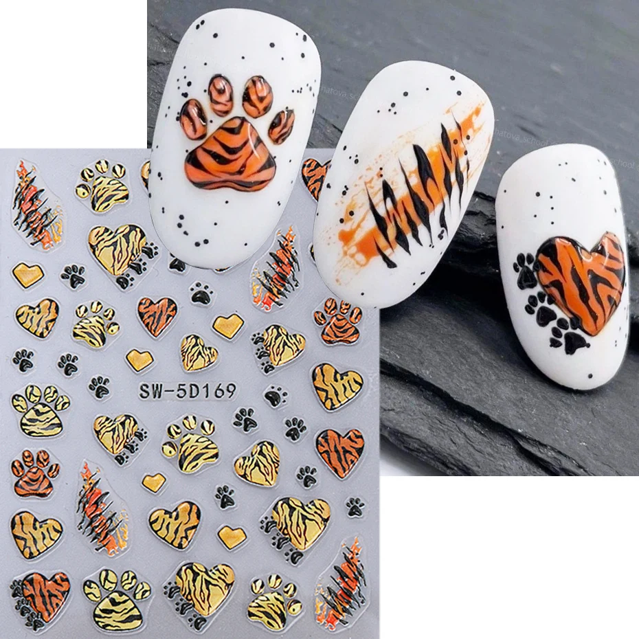 5D New Leopard Print Nail Stickers Heart Decals Claw Nail Supplies Leopard Designs Tattoo Adhesive Sliders Manicure Decoration