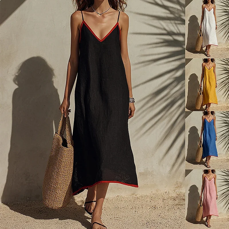 Women's Vacation V Neck Linen Color Block Sleeveless Dress Spring Summer Dresses