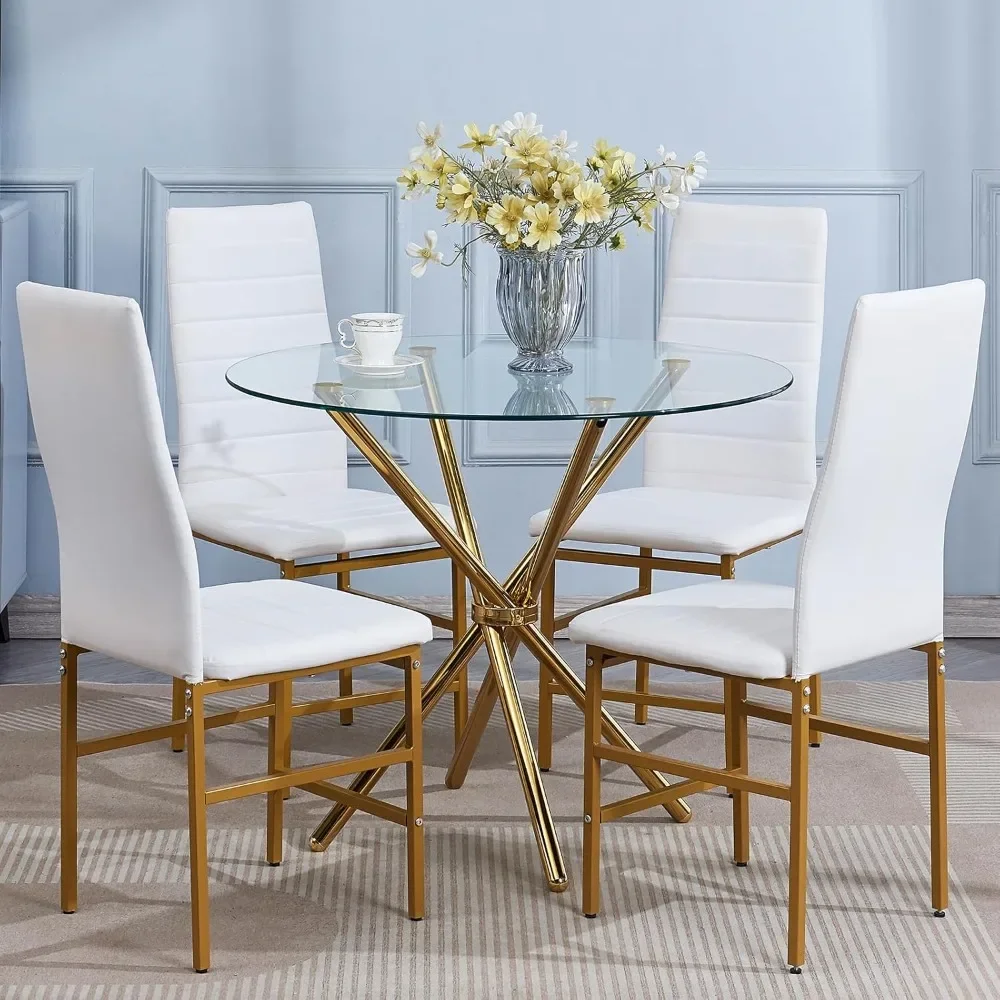 

5 Pieces Round Dining Room Set, Glass Round Dining Table with 4 Chair for Home Kitchen, Round Golden Legs Table with 4 Chairs