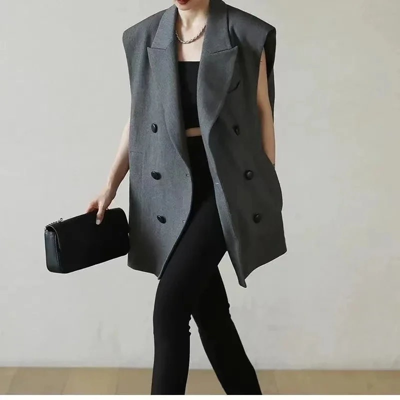 Blazer Frauen ärmellose Jacke Anzug Westen Luxusmarke Strickjacke hochwertige Anzug gefüttert koreanischen Chic Zweireiher Blazer Mujer