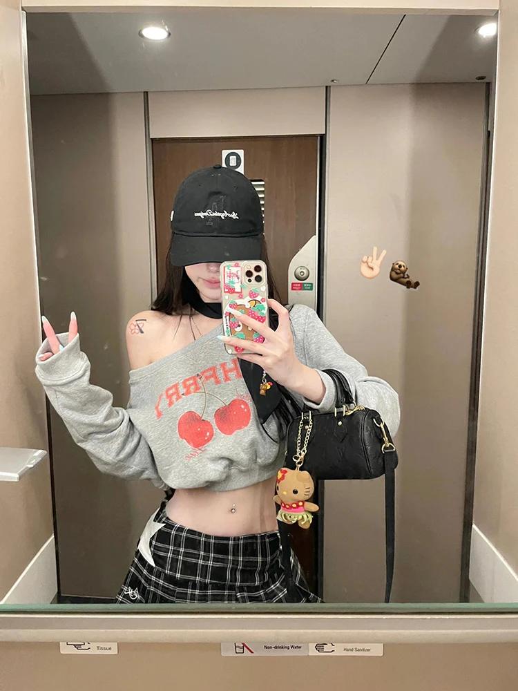 American Sle ort oulder Sexy ey Sweatirt Women's Spring Autumn Thin oulderl Lazy Loose Long Sve Top