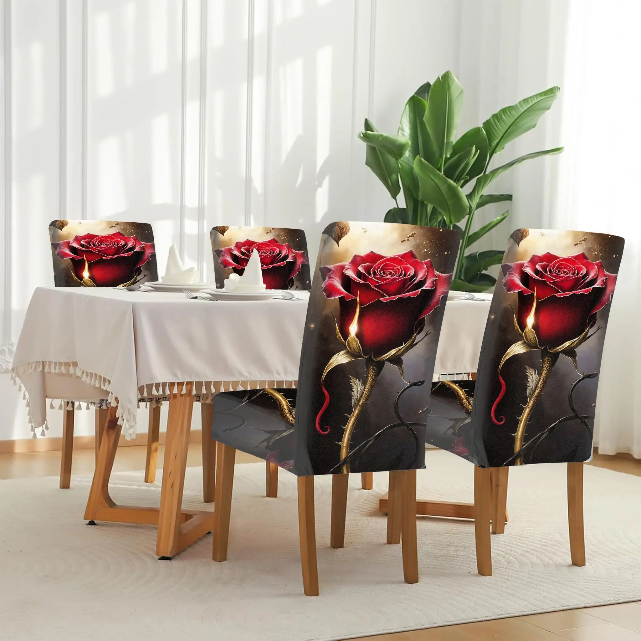 Stretch Dining Chair Cover Brilliant Red Roses with Gold Detail Removable, Washable, Home Dining Chair Cover