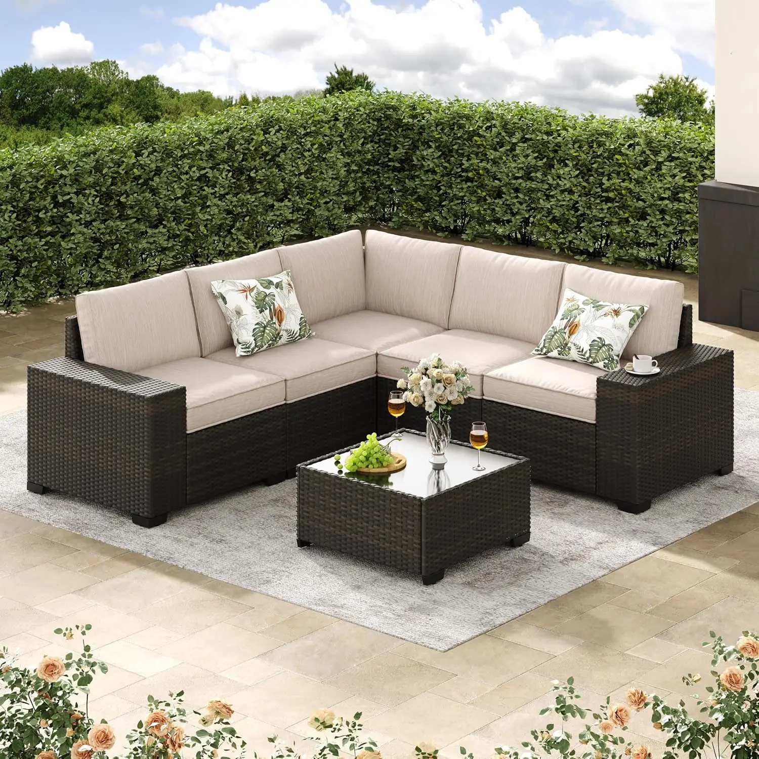 

6-Piece Patio Furniture Set, All-Weather Outdoor Wicker Sectional Sofa with Cushions, Glass Table & Left and Right Armrest,Beige