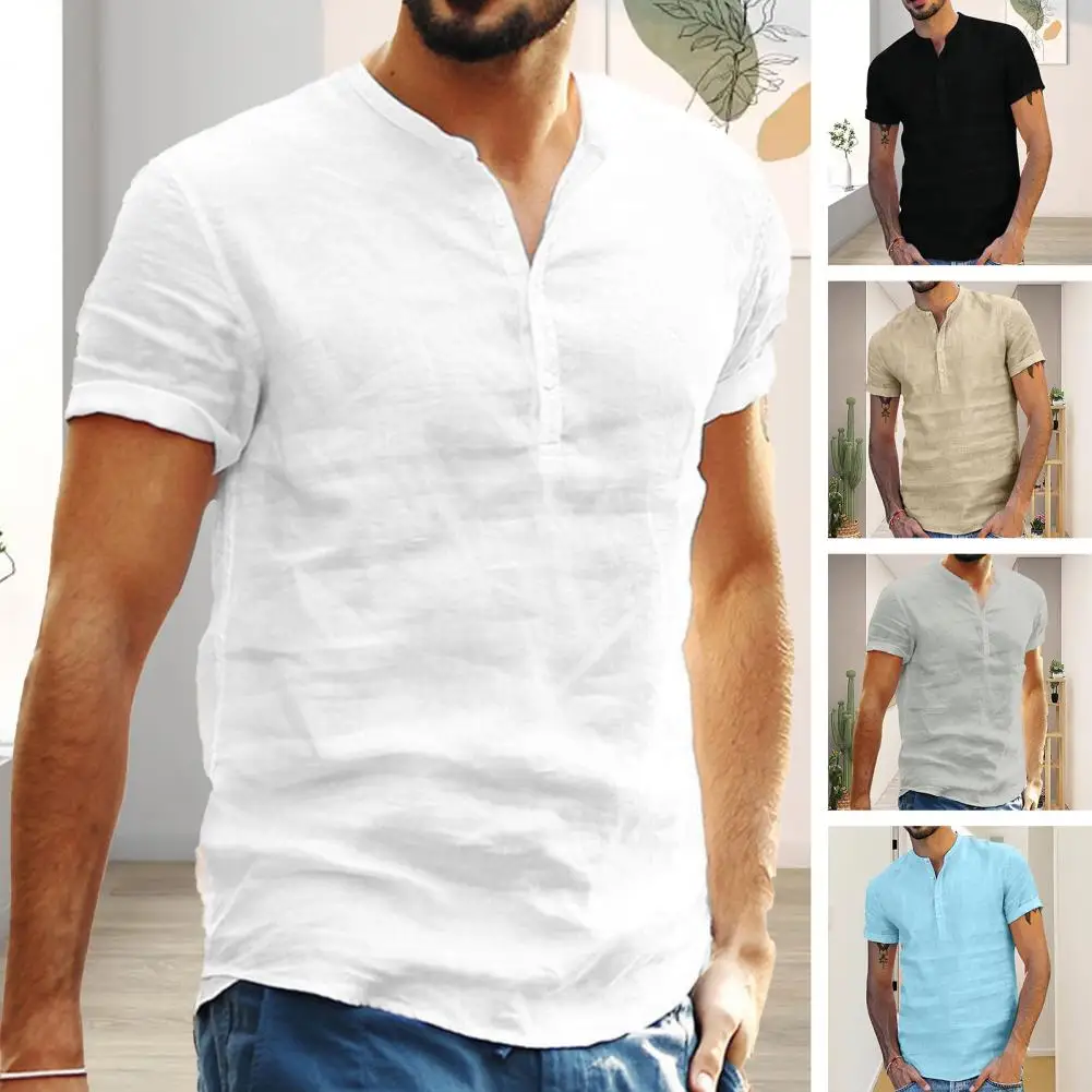 Men Summer Shirt Stand Collar Button Short Sleeves Thin Slim Fit V Neck Male Top Garment T-shirt Cotton And Linen Breathable