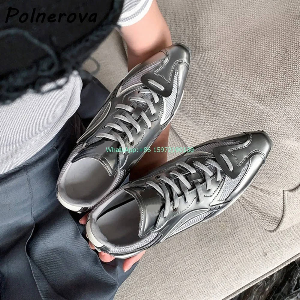 Pointy Toe Leisure Sneakers Patchwork Silvery Cross Tied Flat with Pumps New Fashion High Increase Ladies Casual Cool Shoes