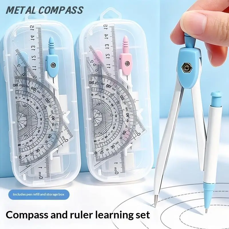 8PCS/Set Plastic Ruler Compasses Set Eraser Transparent Protractor Set Square Straight Ruler Measuring Ruler School Office