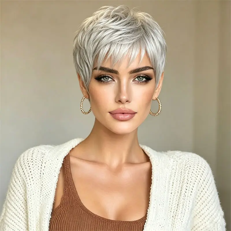 Short Wig for Black Women Full Machine Made With Bangs Brazilian Remy Pixie Cut Human Hair Wig Fashion Style Cosplay Daily Use