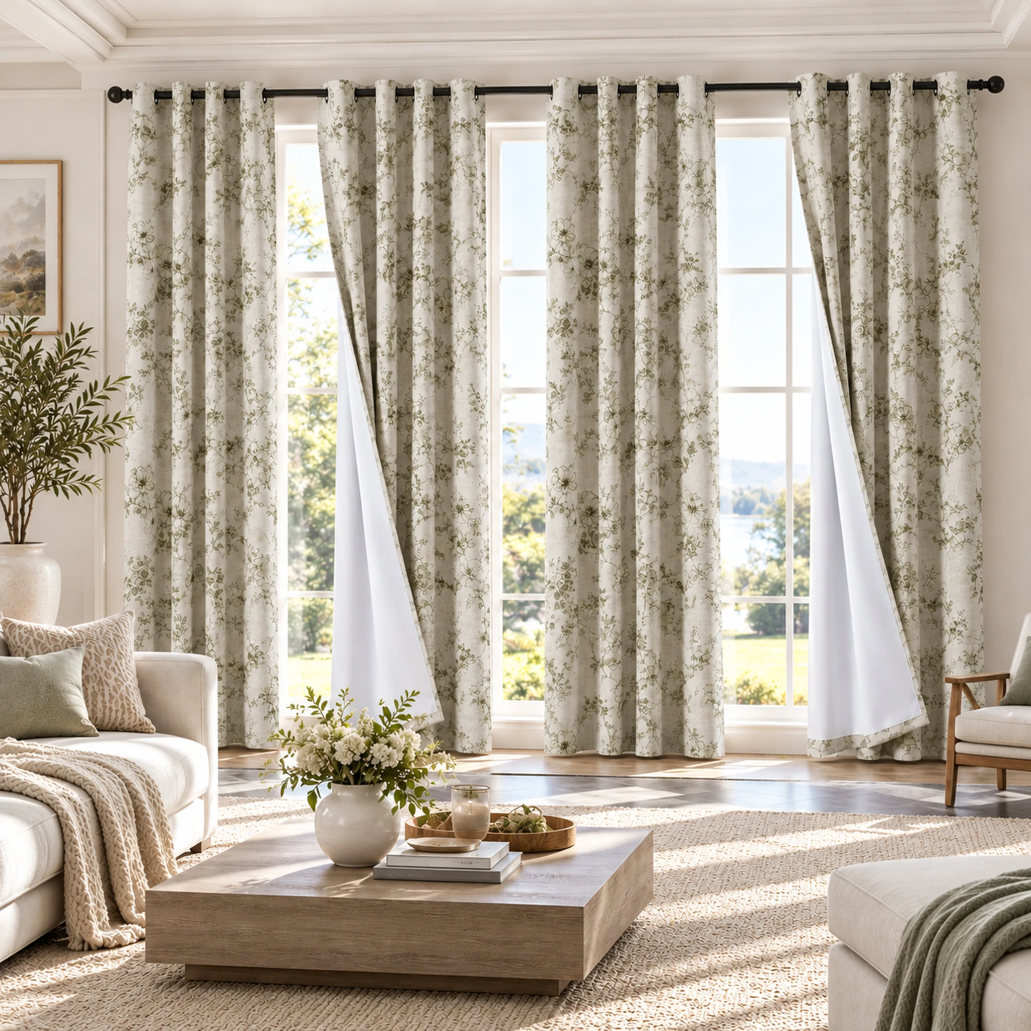 4 Panels Set Floral Print 100% Blackout Curtains, Grommet Eyelet Thermal Insulated Noise Reducing Energy Saving Window Drapes Bedroom Living Room