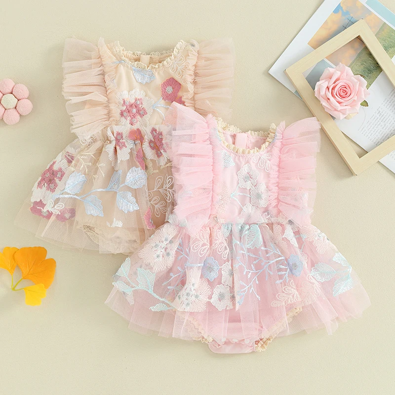 Macacão para bebês recém-nascidos de 0 a 24 meses, vestido flor bordado, manga voadora, saia de malha, bainha, body infantil, roupas de verão com faixa para cabeça