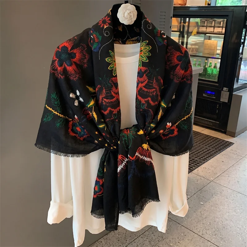 Luxury Satin Muslim Hijab Women Vintage Floral Embroidery Shawl Soft Head Wrap Eid Gift Modest Outfit All Match Anti Wrinkle