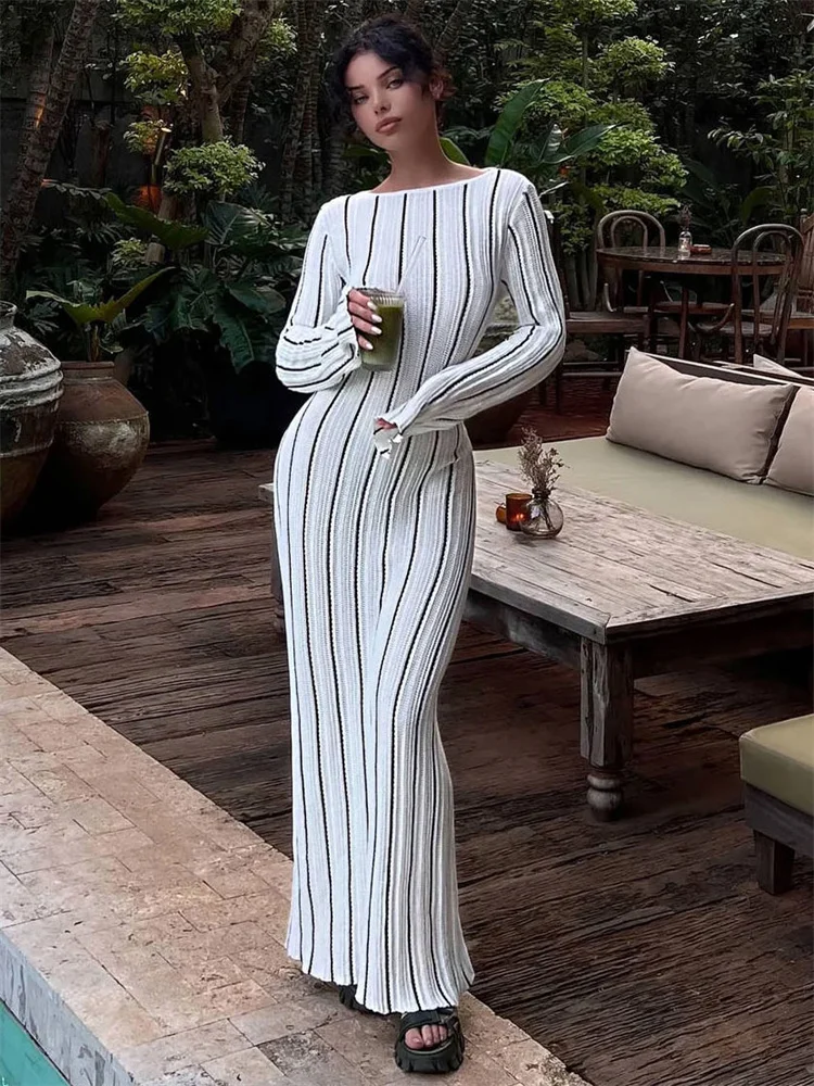 

Tossy Knit Striped Hollow Out Maxi Dress For Women Cover up Holiday Beach Loose Long Sleeve Knitwear Dress Female Summer Dress