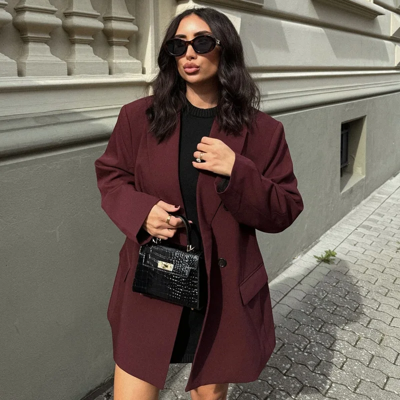HXAO 2025 Women's Red Blazers Office Wear Woman Elegant Burgundy Fitted Outerwears Chic Suit Jacket High Quality Women's Blazer