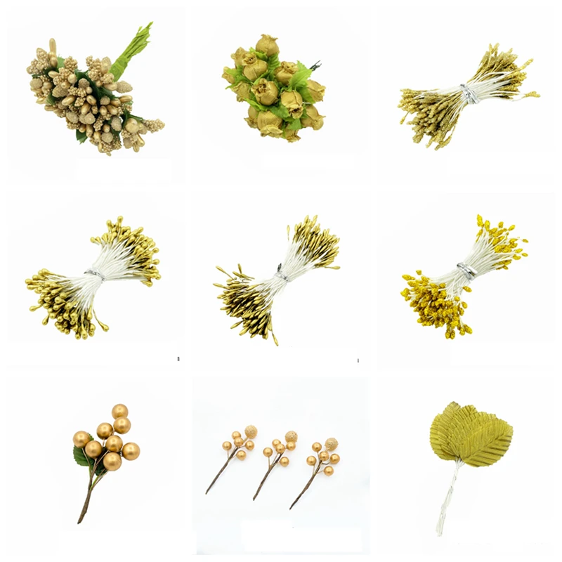 10/12/90/144pcs Mixed artificial  Flower Cherry Stamen Berries Bundle DIY Cake Christmas Wedding Gift Box Wreath Decor Gold