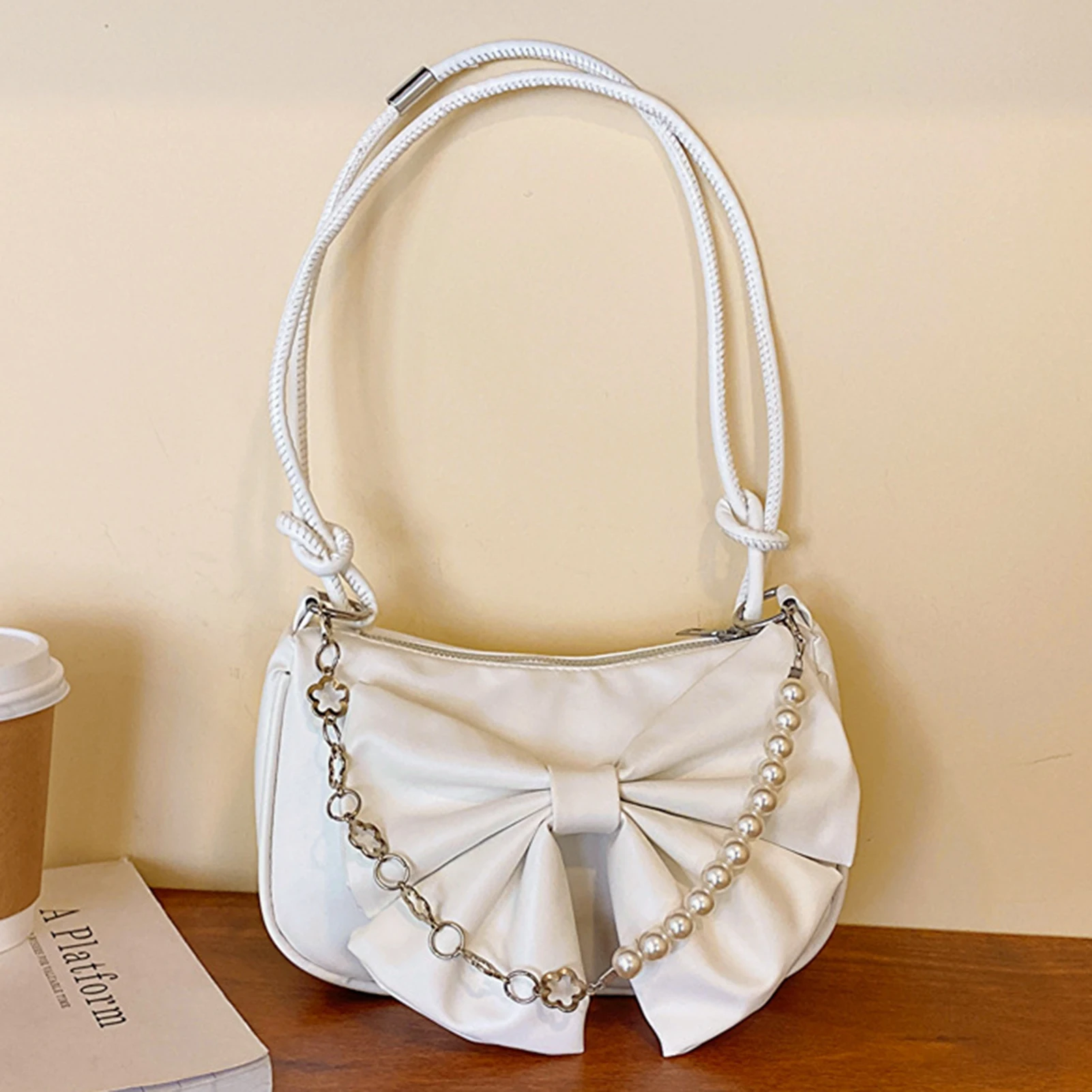 Fashion Korean Casual Cute Bowknot Design Shoulder Underarm Tote Bag Ladies Sling Bags PU Leather Zip Purses Handbags for Women