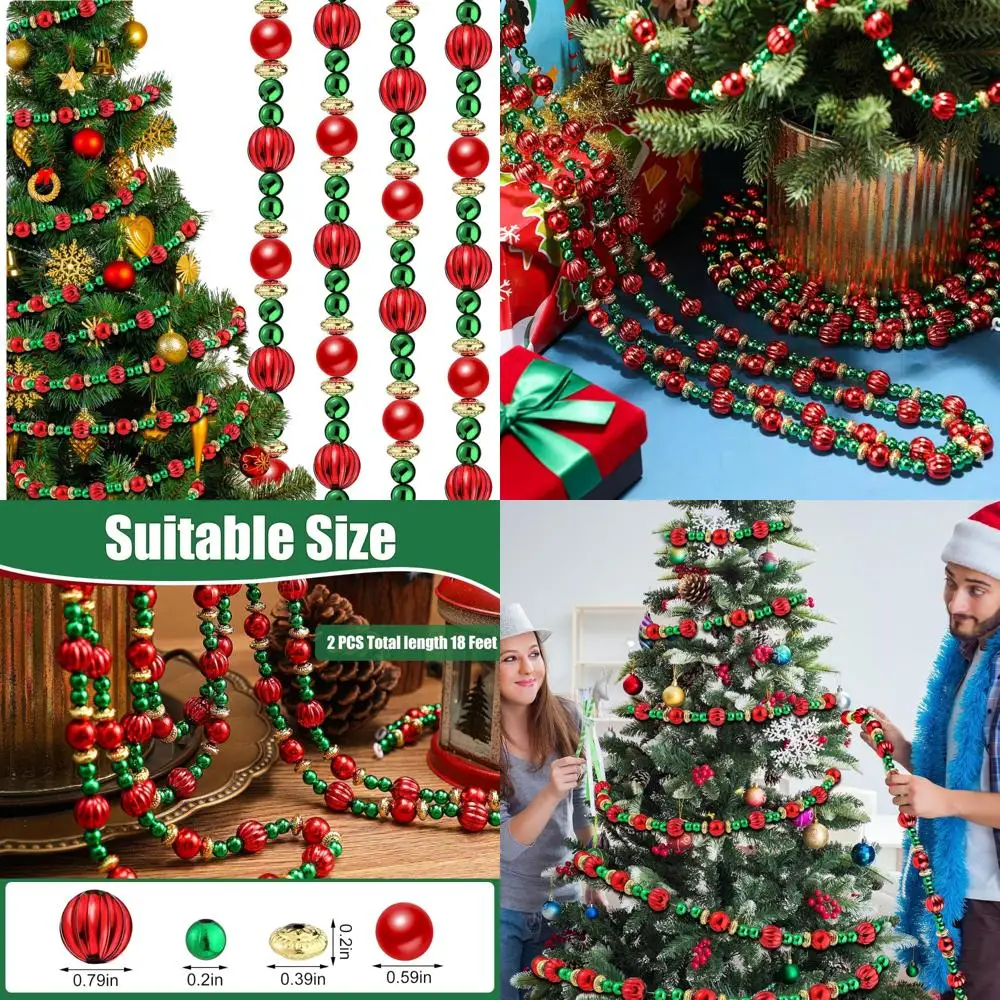 

Christmas Beaded Garland, 12 Pieces, 9 Feet Long, Twisted Red and Green Beads, Perfect for Holiday Tree Decorations and Party At