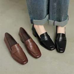 New Spring/summer Square Toe Genuine Leather Shoes for Women Fashion Rivet Women Pumps Handmade Women Shoes Chunky Heel Loafers