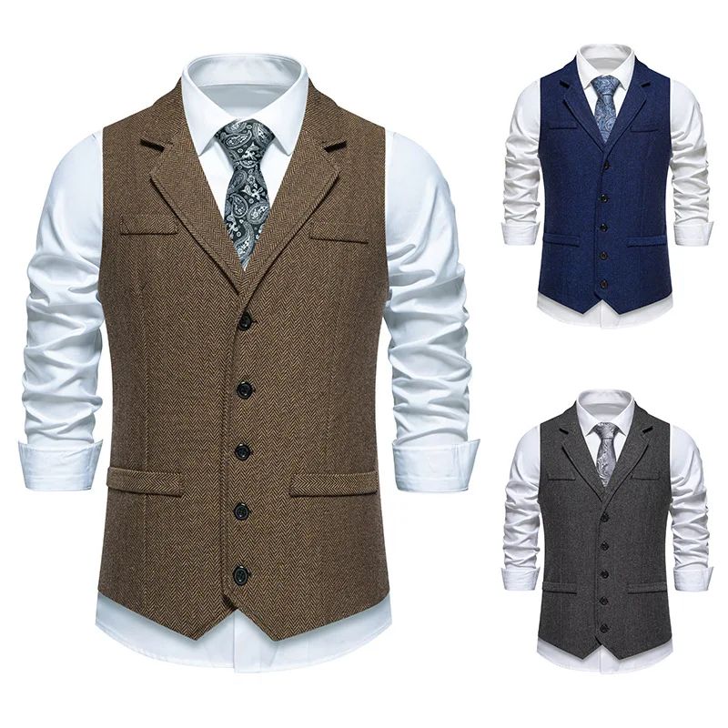 

2024 Autumn New Men's Herringbone Suit Vest Retro Lapel Single Breasted Casual Vest Men