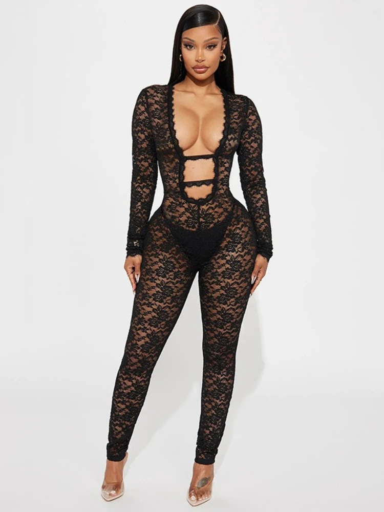 

FDYOUI Woman Clothing Deep V-neck Black Jumpsuits Female Sexy Long Sleeve See-through Nighht Club Overalls One Piece Bodysuits