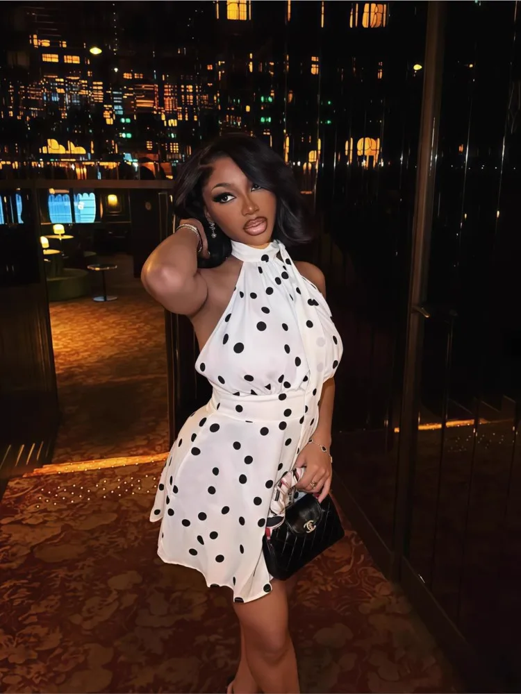 

Neck Halter Dress Vestidos Dresses 2025 Woman Tighten The Waist Polka Dots Backless Sleeveless Contrast Hot Girl Style Elegant