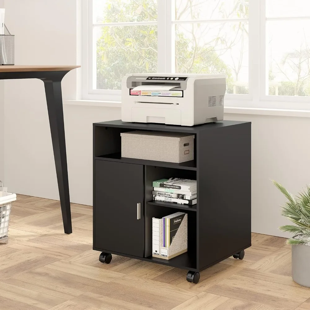 

Printer Stand with Storage Adjustable Shelves, Wood Mobile Cart with Door, Rolling File Cabinet on Wheels for Home Office,