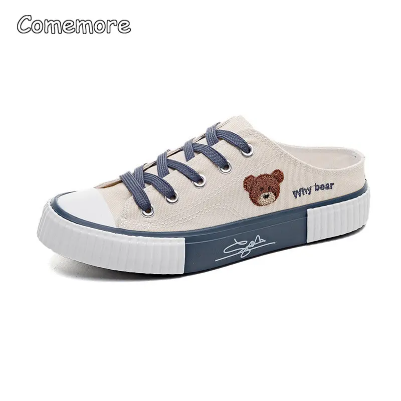 Comemore Spring Women Cute Bear Canvas Shoes Flat Casual All-match Half Slippers Korean Version Lace Up Ladies Vulcanized Shoe