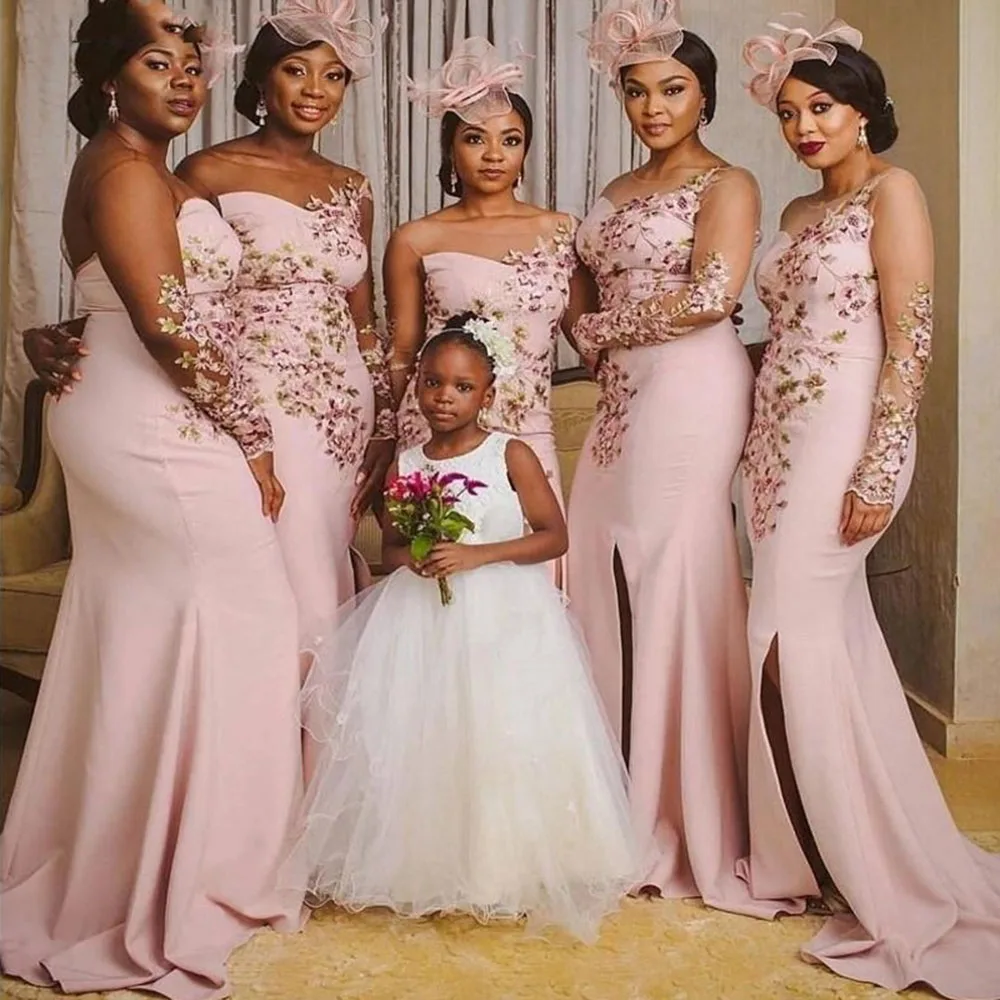 

Angelsbridep African Maid Of Honor for Woman Mermaid Bridesmaid Dresses See Through Long Sleeve Wedding Party Gowns Side Split