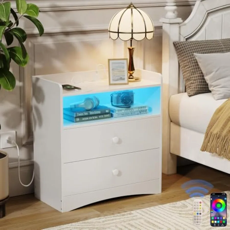 Modern Nightstand with Charging Station and LED Light Wood Bedside Tables with 2 Storage Drawers Small Dresser for Bedroom Smal