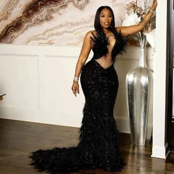 Sparkle African Aso Ebi Evening Dresses Mermaid Sheer Feather Sequins Formal Party Gown Prom Dresses For Black Girls Customized