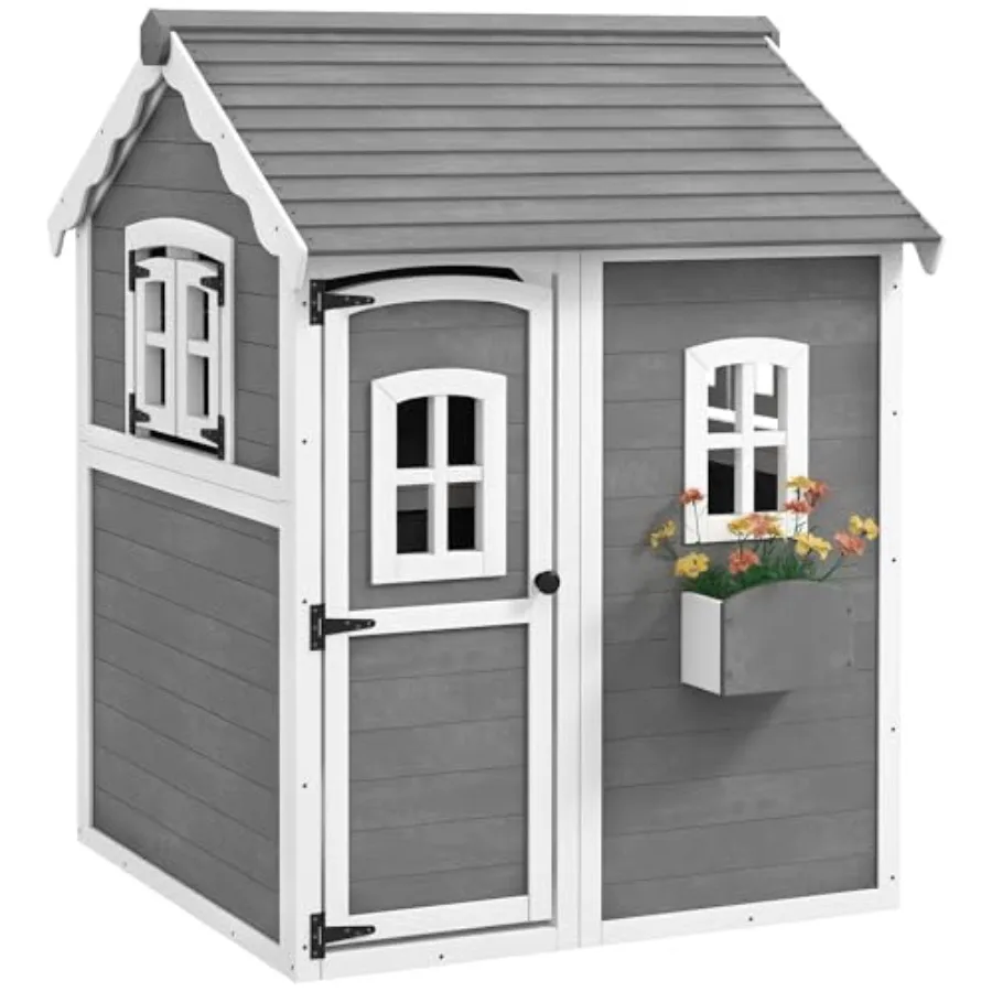Outdoor Wooden Playhouse For Kids Aged 3-8 With Floor, Door, Windows, Planter Box, Gray Color, Ideal For Backyard, Lawn, And Ga