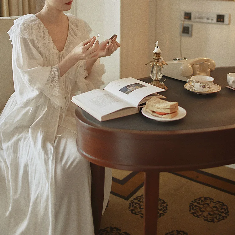 

100% Cotton Spring And Autumn Classical Lace Nightgown Palace Court Style European Retro Sweet Nightdress Morning Gown Robe Sets
