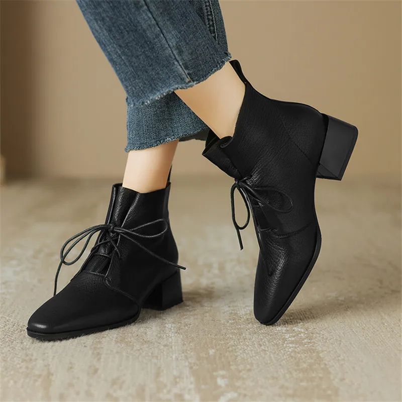 2023 New Autumn Genuine Leather Women Boots Round Toe Chunky Heel Ankle Boots for Women Winter Fashion Boots Lace Women Shoes