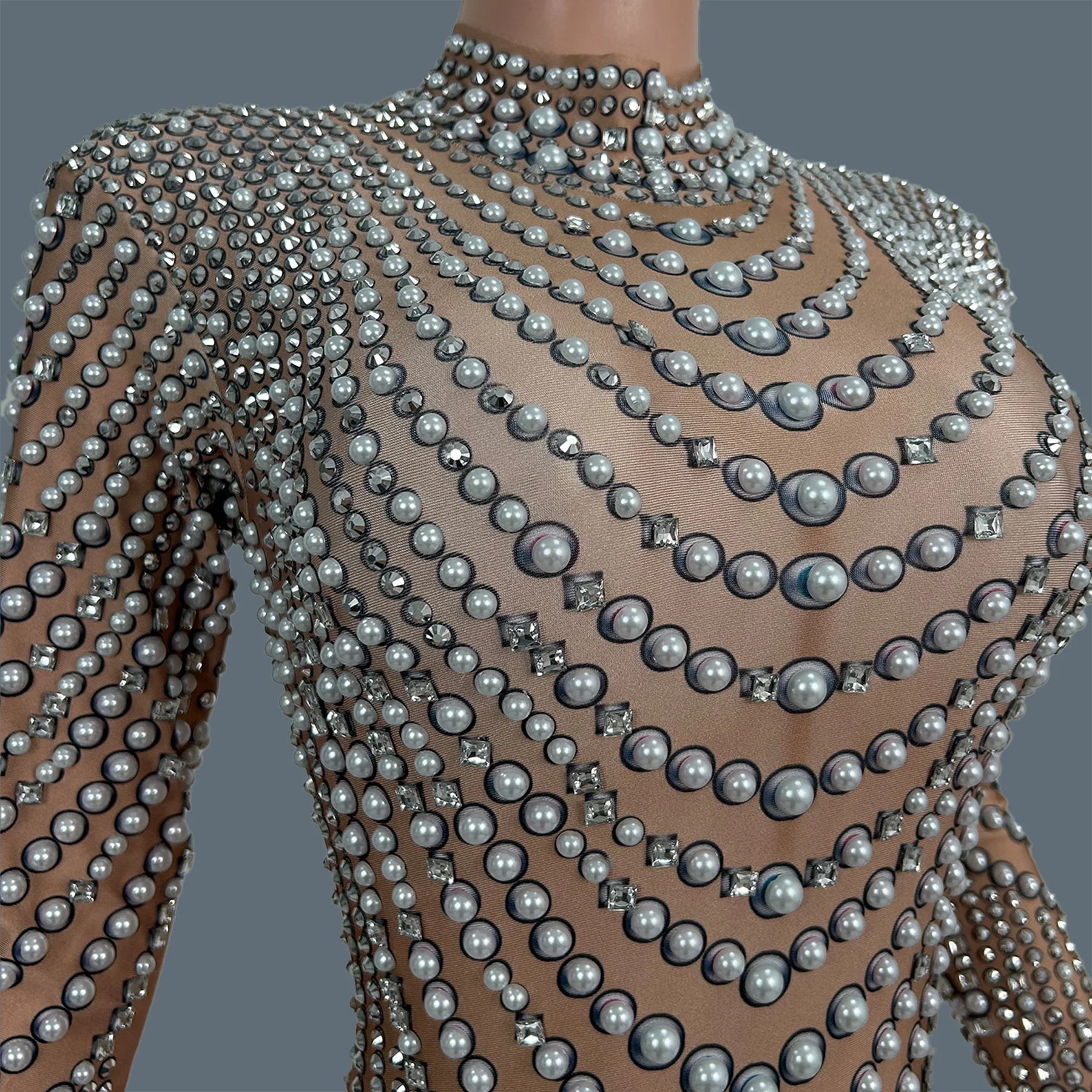 Spandex Elastic Pearls Tight Fitting Jumpsuit Nightclub Party Drag Queen Show Wear Carnival Bar Event Dance Outfit Zhenzhuwang