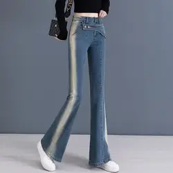 Vintage Gradient Blue Korean Slim Flare Jeans High Waist Women Spring Autumn Full Pants Pocket Versatile Simple Casual Trousers