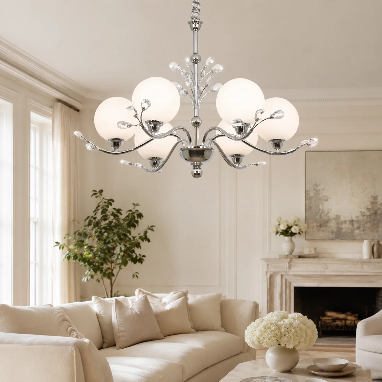 Modern 6‑Light Chandelier Chrome Silver Frame Crystal Frosted Glass Globe Ceiling Pendant Lamp for Living Room Bedroom